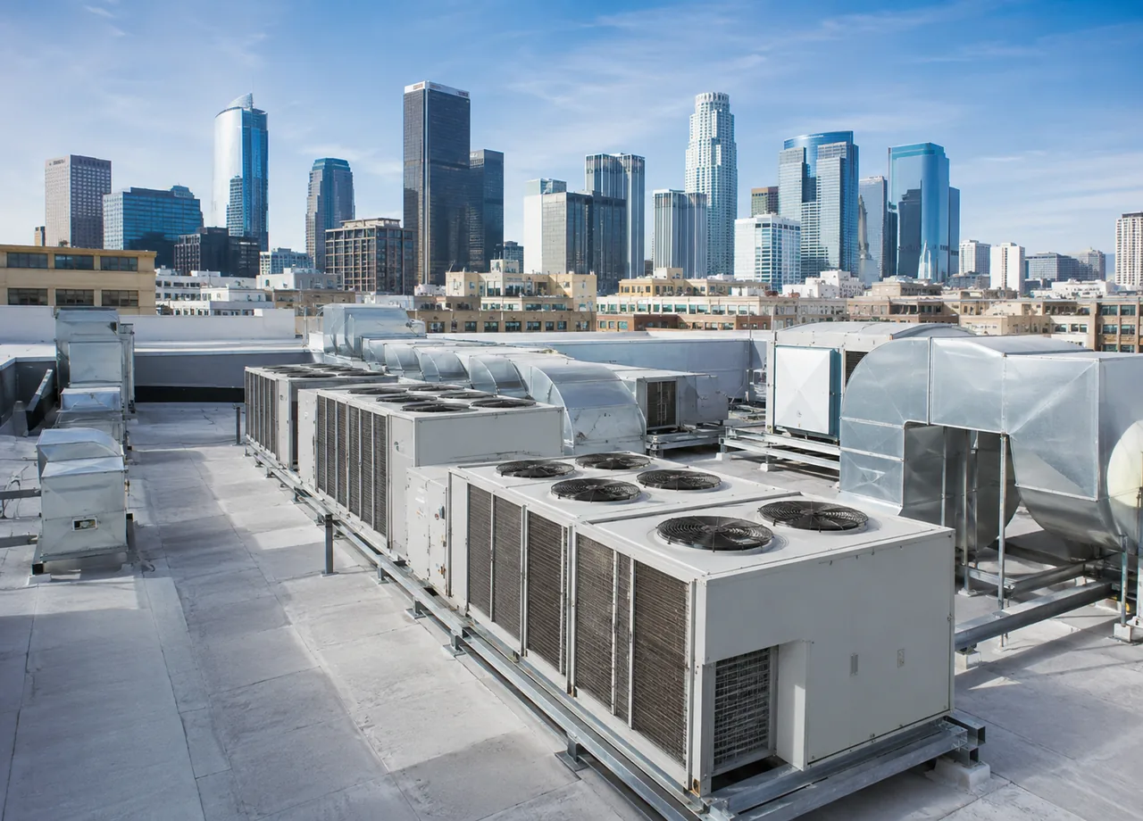 Commercial HVAC in Mineola - NY with a technician inspecting rooftop equipment above office suites