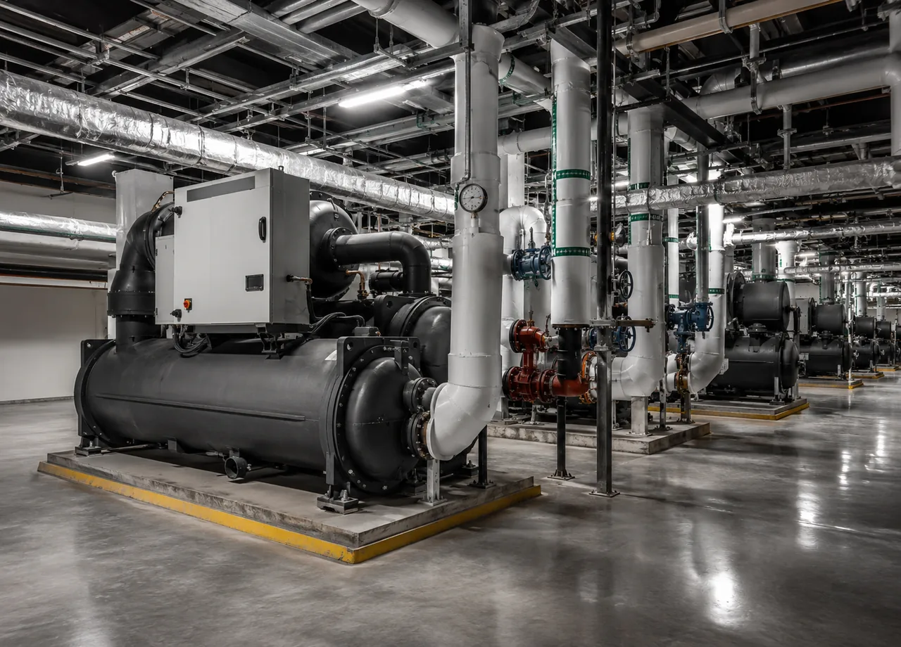 Commercial HVAC technician testing air distribution controls inside a Mineola - NY business mechanical room