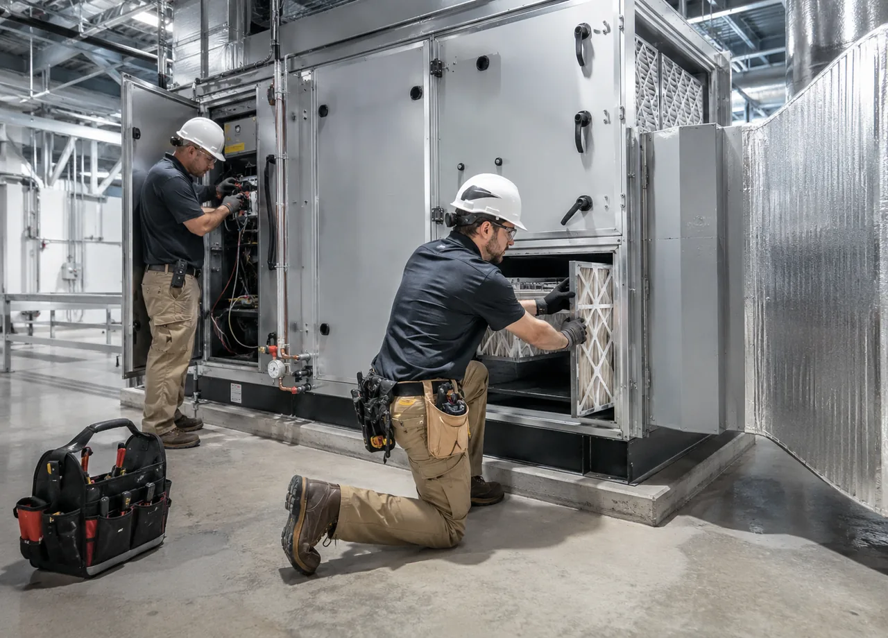 Commercial HVAC in Great Neck - NY with a technician checking rooftop package units at sunrise