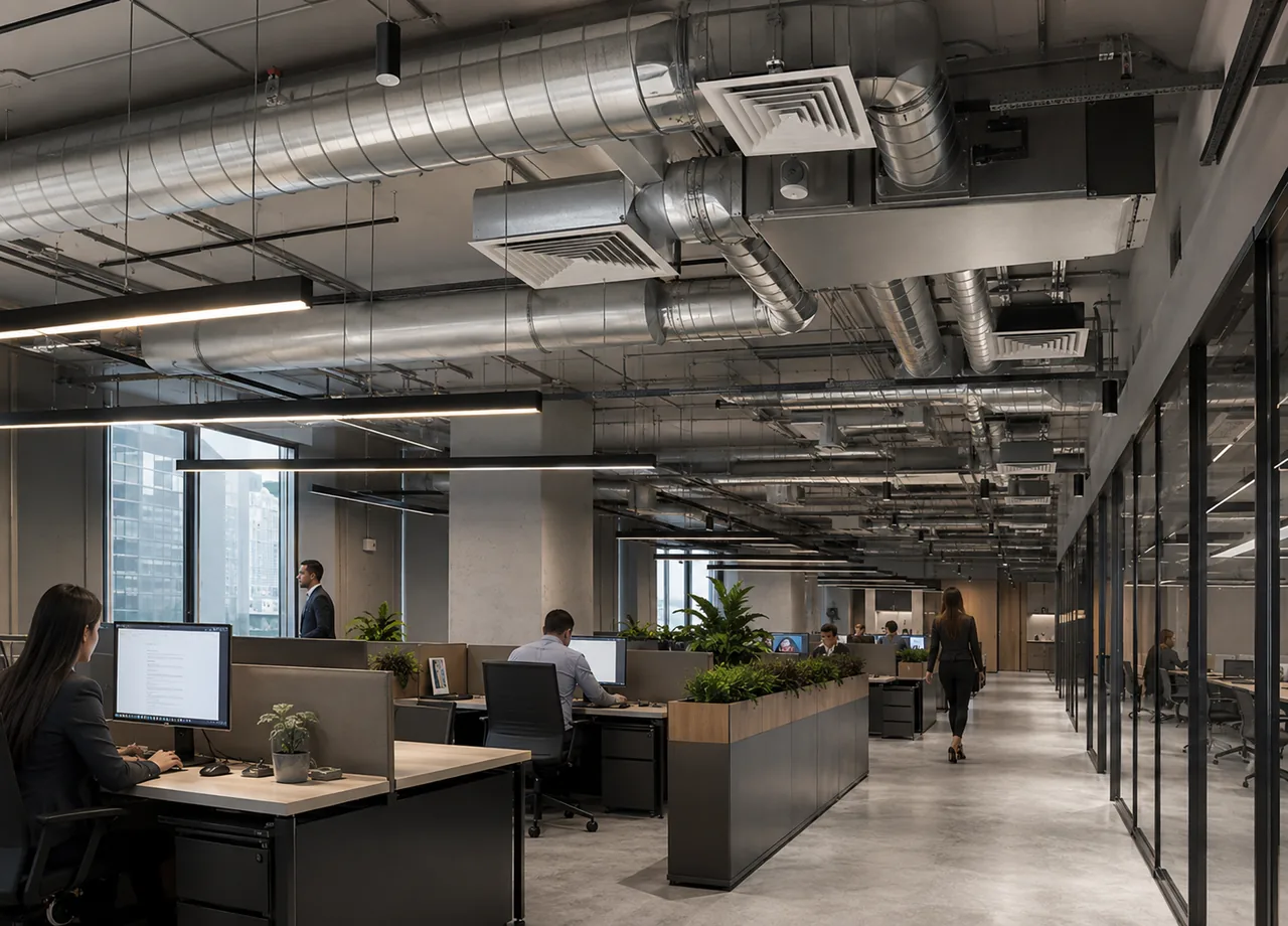 Commercial HVAC specialist adjusting ventilation settings inside a Great Neck - NY office mechanical area