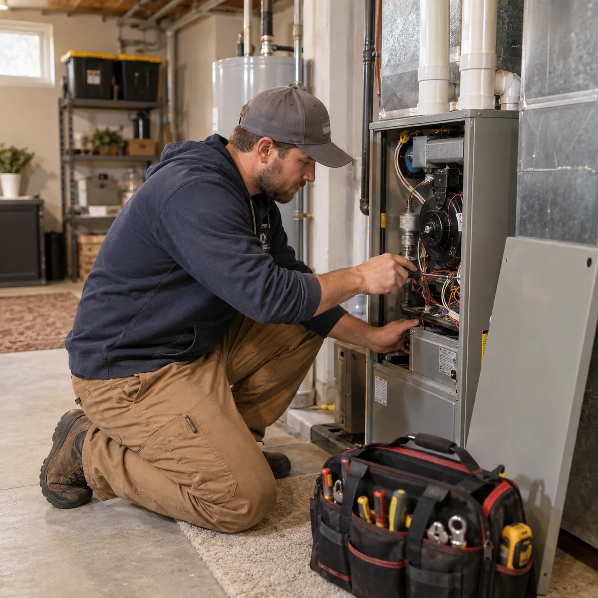 Technician performing Heating Services in Garden City - NY on a basement furnace during winter