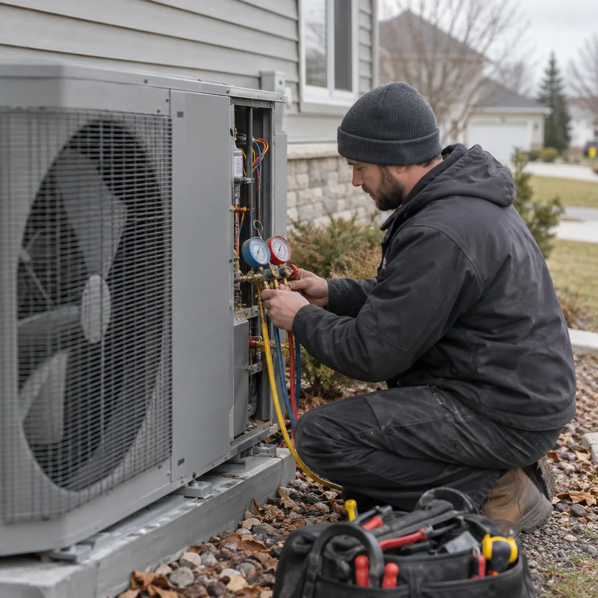 Technician performing Heating Services in Hempstead - NY while testing airflow at a home furnace
