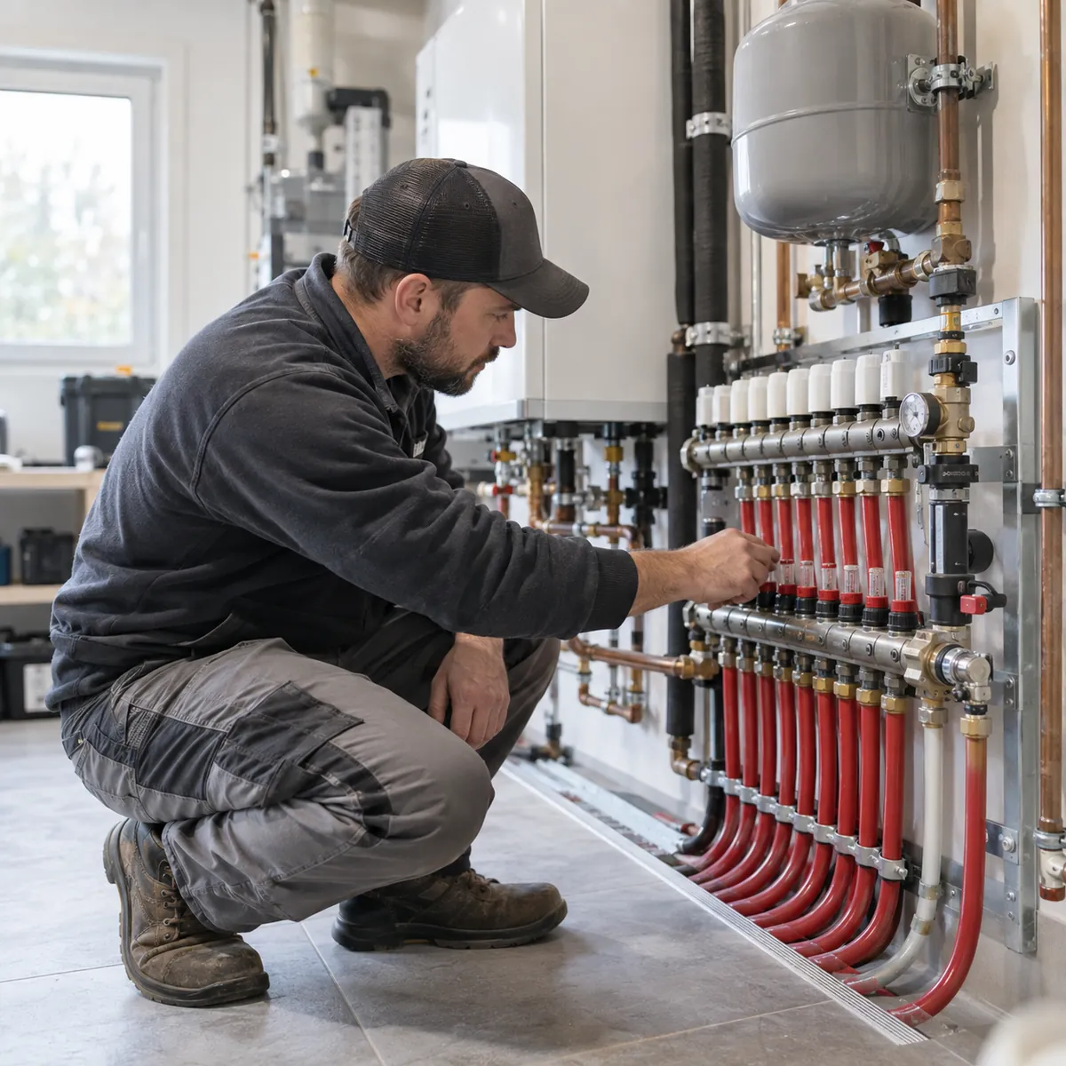 Heating Services specialist inspecting a boiler control panel inside a Hempstead - NY basement