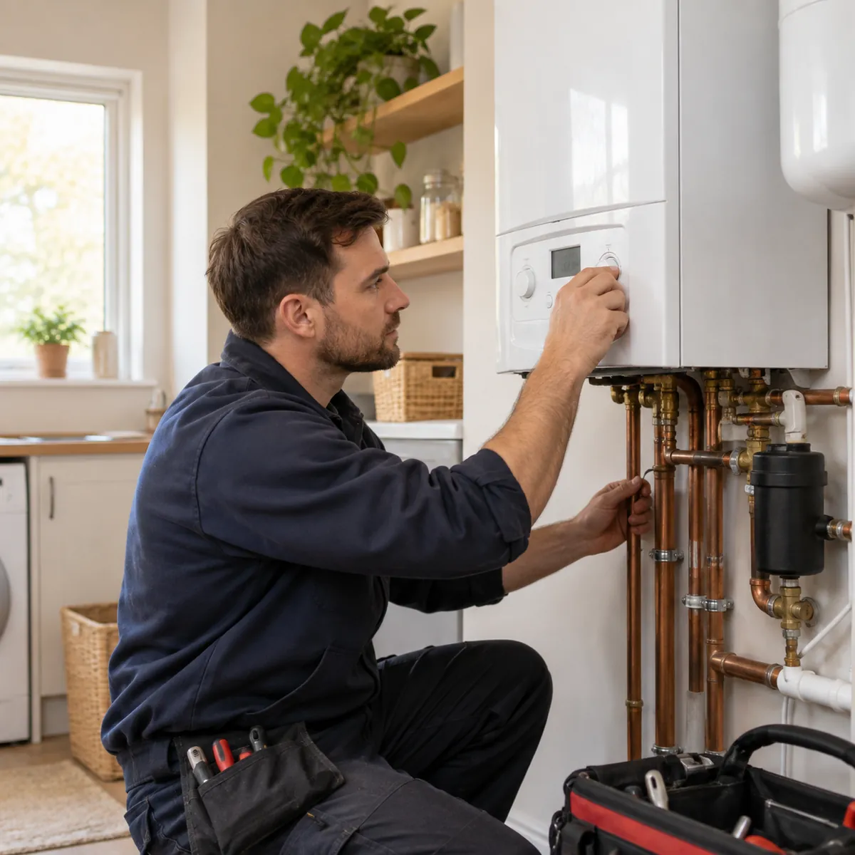 Technician completing Heating Services in Mineola - NY while checking a home's furnace control panel