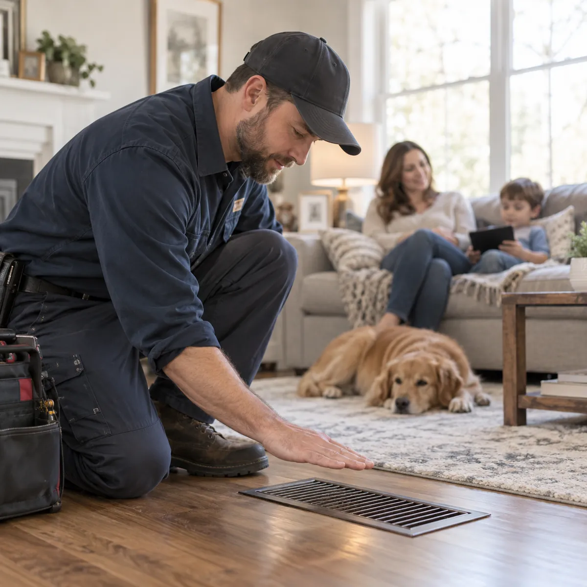 Technician completing Heating Services in Mineola - NY while checking a home's furnace control panel