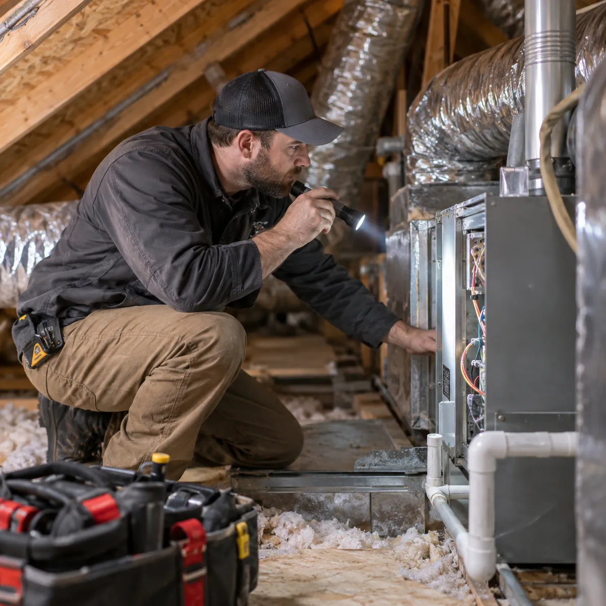 Heating Services technician in Long Beach - NY inspecting furnace components during a cold-weather service visit